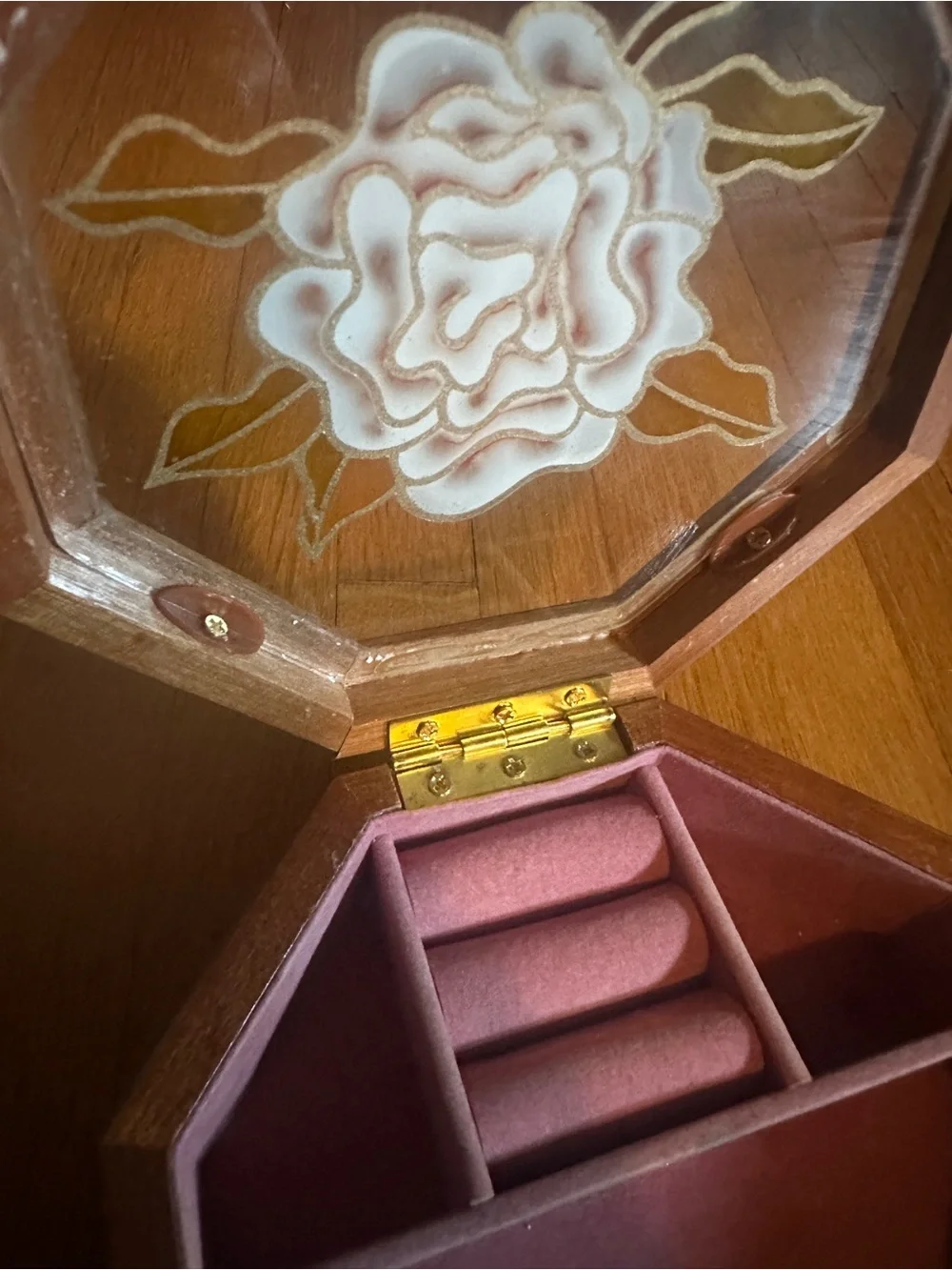 Vintage Rosalco Jewelry Box The Commodore Collection Wooden Floral Glass